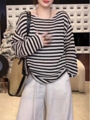 大码高级感条纹长袖t恤女装秋季2025新款上衣休闲宽松慵懒针织衫