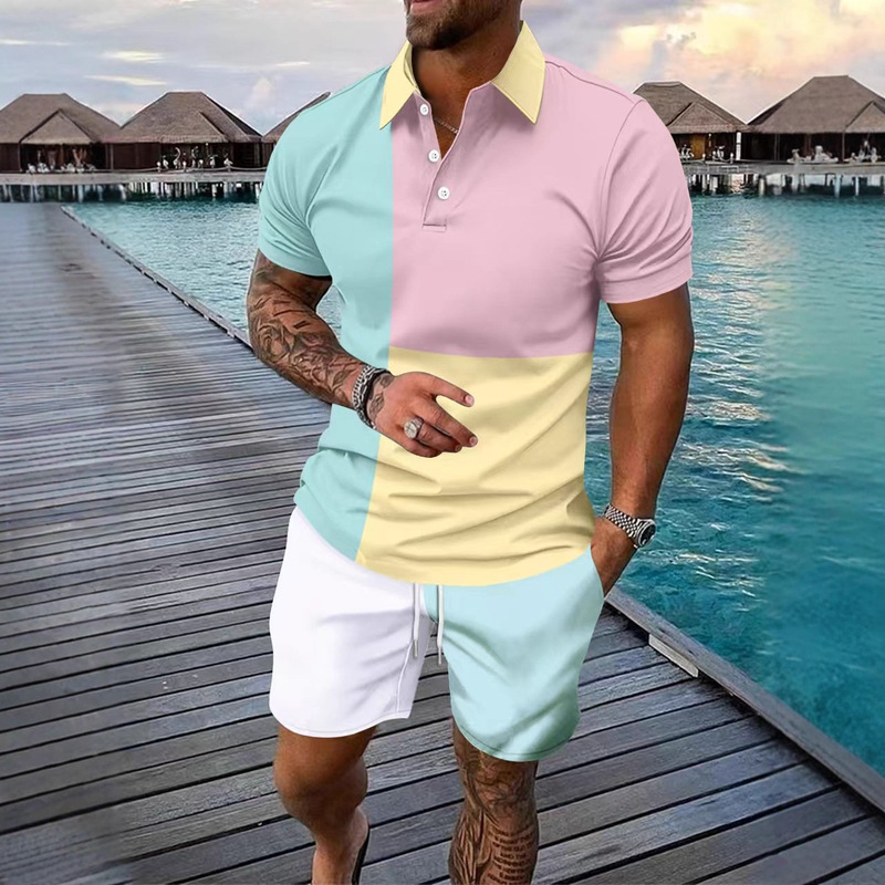 Amazon European and American Cross-Border Digital Printing Casual Fresh Short-Sleeved Polo Shirt Shorts 2-Piece Men's Suit