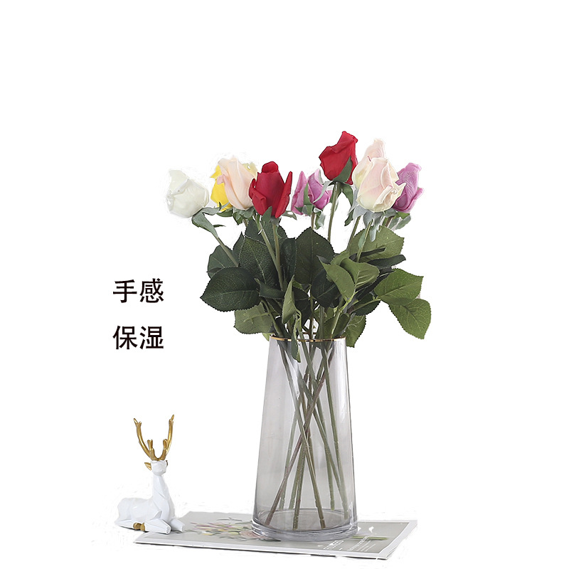 Bouquet Artificial de Capullo de Rosa Hidratante, de Alta Gama, Planta Verde de una Sola Rama, Arreglo Floral Artificial, Decoración para el Hogar con Sensación Húmeda para la Sala de Estar