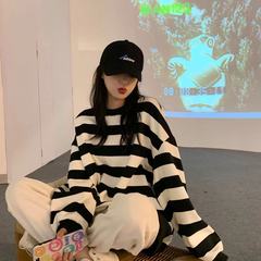 2025 春と秋の新作薄手のルーズで多用途な韓国風ストライプスウェットシャツカジュアルプルオーバージャケットトップ