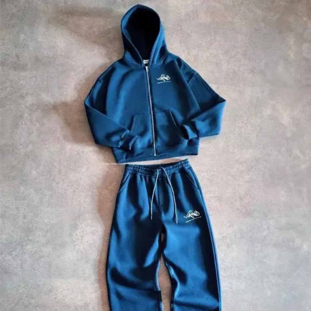 Damenbekleidung, Herren- und Damen-Trendiges Kapuzen-Zip-Jacket mit passender Jogginghose - Streetwear mit 2D-Print (Stahlgrau/Marineblau)_voghion.com