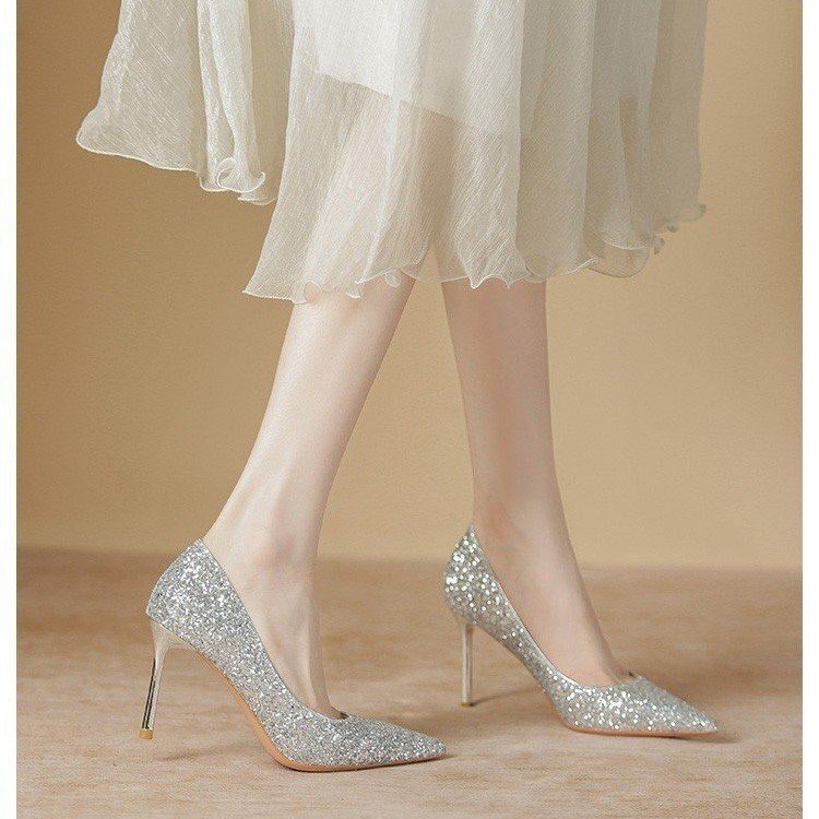 Pointed Toe High Heels, Sequined Women's Flats, Stiletto Wedding Shoes, Bridesmaid Evening Dress, Women's Shoes, Large Quantity, Crystal