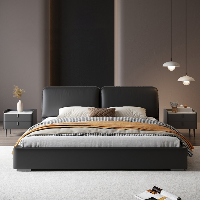Imagen de verano cama de cuero genuino italiano minimalista gran vaca negra cuadrada cama doble 1,8 m Cama grande piso simple cama de boda negro