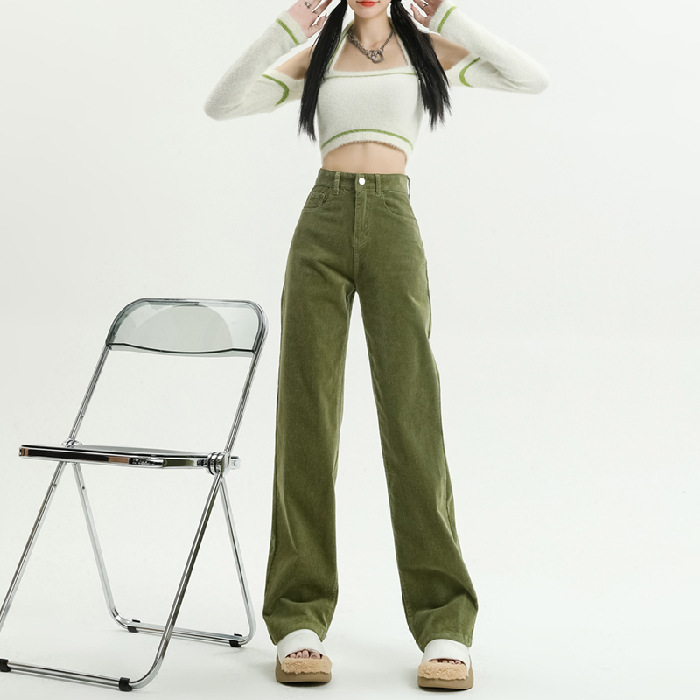 2024春秋人気商品 草緑色コーデュロイワイドパンツ レディース レトロハイウエストロングパンツ カジュアルロングストレートパンツ|undefined