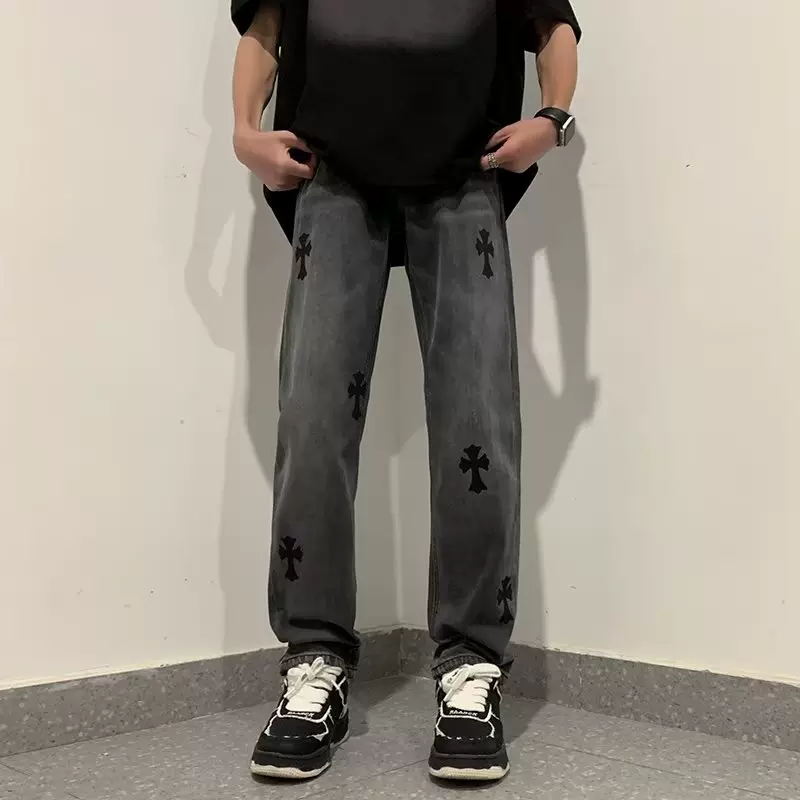 欧美高街十字架牛仔裤男美式嘻哈vibe风街头宽松直筒喇叭裤