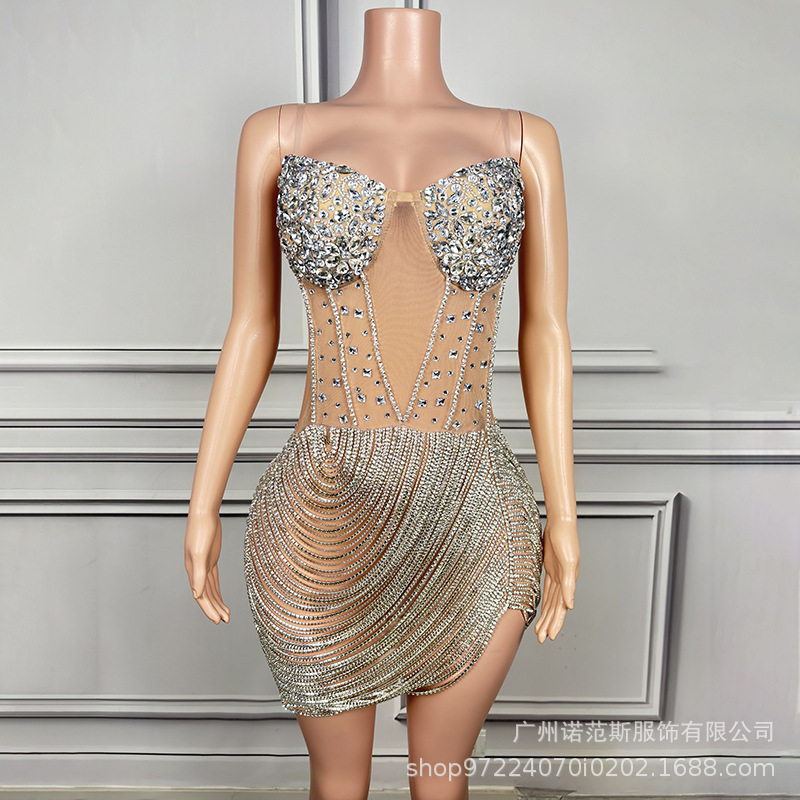 Light luxury heavy industry tassel fake evening dress banquet party company annual dance bar resident singer costume