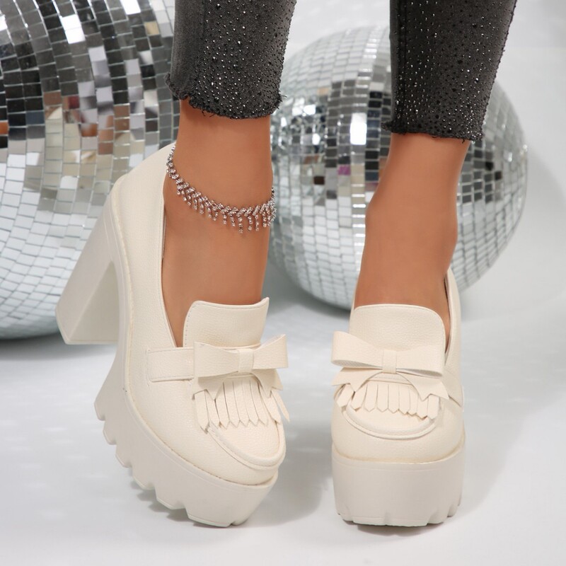 2025 New Foreign Trade Large Size Thick Heel Bow Tassel Versatile Elegant Comfortable Fashion Solid Color High Heel Shoes for Women