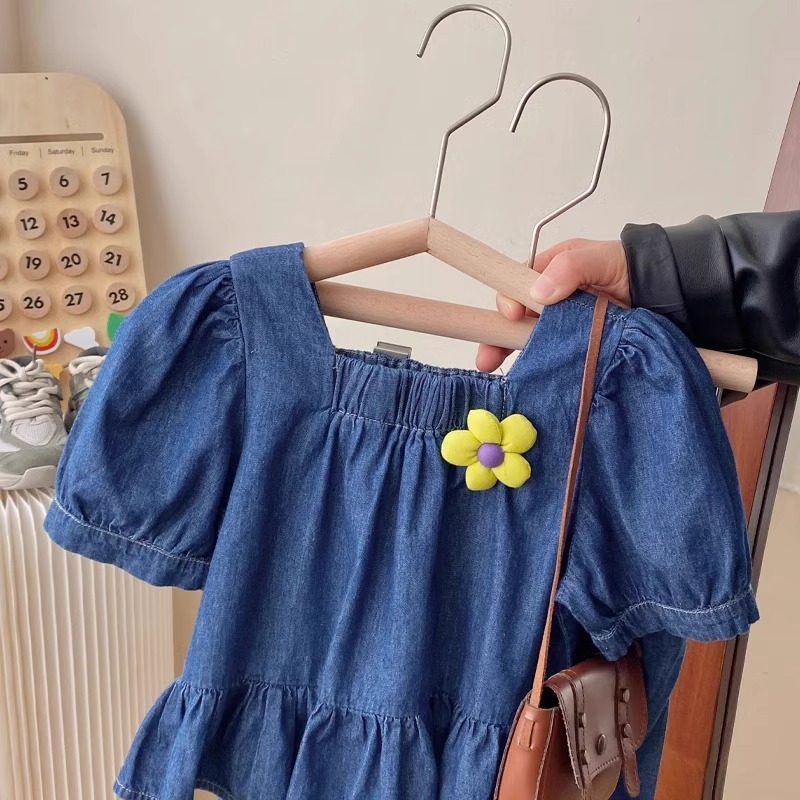 2024 Piger Tyndt Denimsæt Sommertøj Kortærmet Top, Cropped Bukser Børnesportstøj_voghion.com