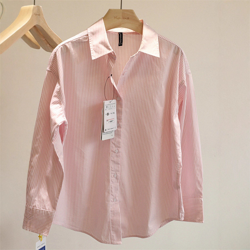 Workmanship Details Are Controlled! High Quality Goods! Pinstripes Shirt Women's Pink Shirt Long Sleeve 2025 New Cotton