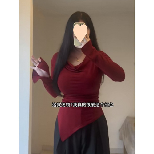 Women's 2025 Spring V-Neck Long-Sleeve Oversized Asymmetrical Design Crew Neck T-shirt for Innerwear and Top