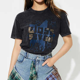 跨境东南亚洗旧做旧短袖纯棉夏季新款宽松大码圆领短袖印花t恤女