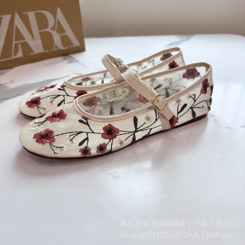Za2025 Spring New Style Chinese Style Women's Shoes Mesh Embroidered Flowers Round Toe Flats Ballet Shoes