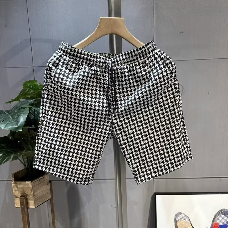 Hombres verano delgado hielo a cuadros pantalones cortos casuales marca de moda pantalones de playa deportivos sueltos versátiles cinco puntos pantalones de playa para hombres