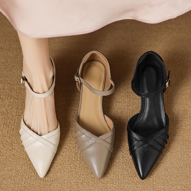 Giày sandal cao gót nữ quai ngang mũi nhọn da cừu gót 5,5 cm — đen