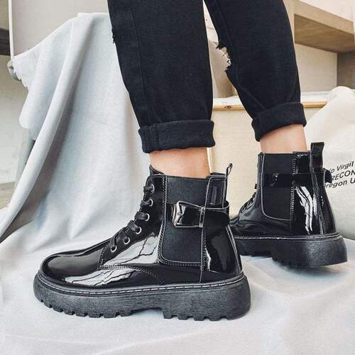Men's Thick Sole Martens Boots Spring and Autumn New Arrival, Korean Style Trendy, Student-Friendly, Dual-Lace Up Waterproof Mid-Height Boots