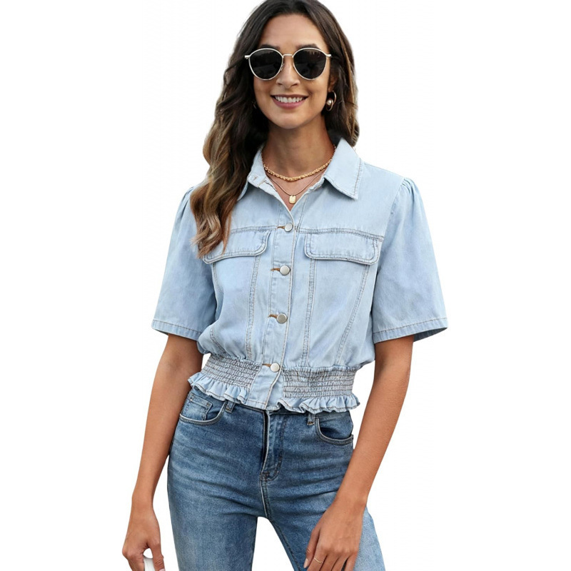 Cross-Border Amazon European and American Style Short-Sleeved Denim Shirt for Women 2026 Summer New Short Jacket Denim Coat