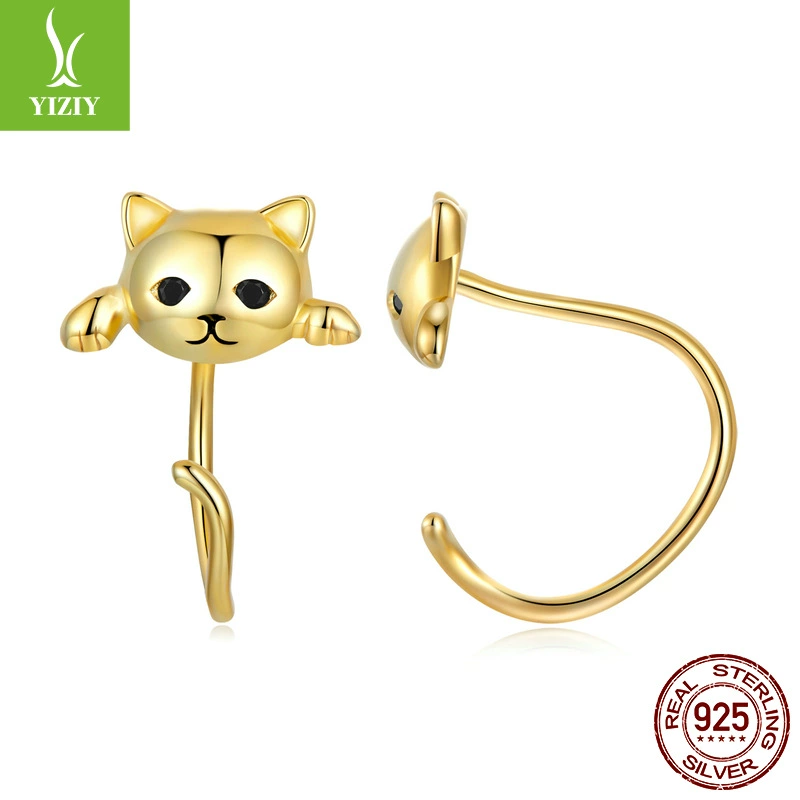 Серьги и кольцо (YIZIY) 925 стерлингов серебро с котом мотивом, окисленная/циркония/эмаль, варианты маленькие и большие