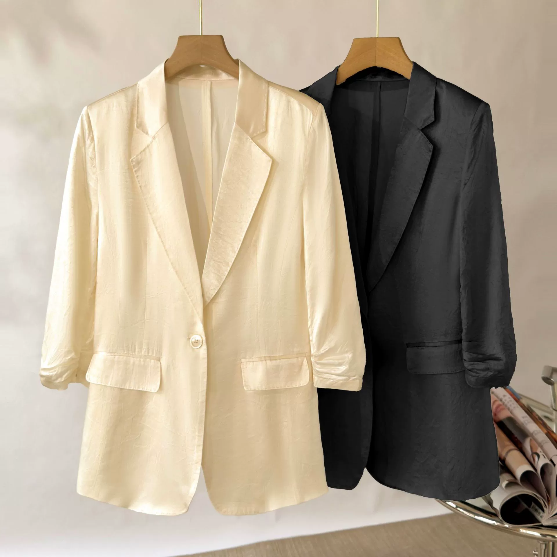 Summer Thin Classic Suit Jacket in Off White, Light Blue, Black - High-Quality Style