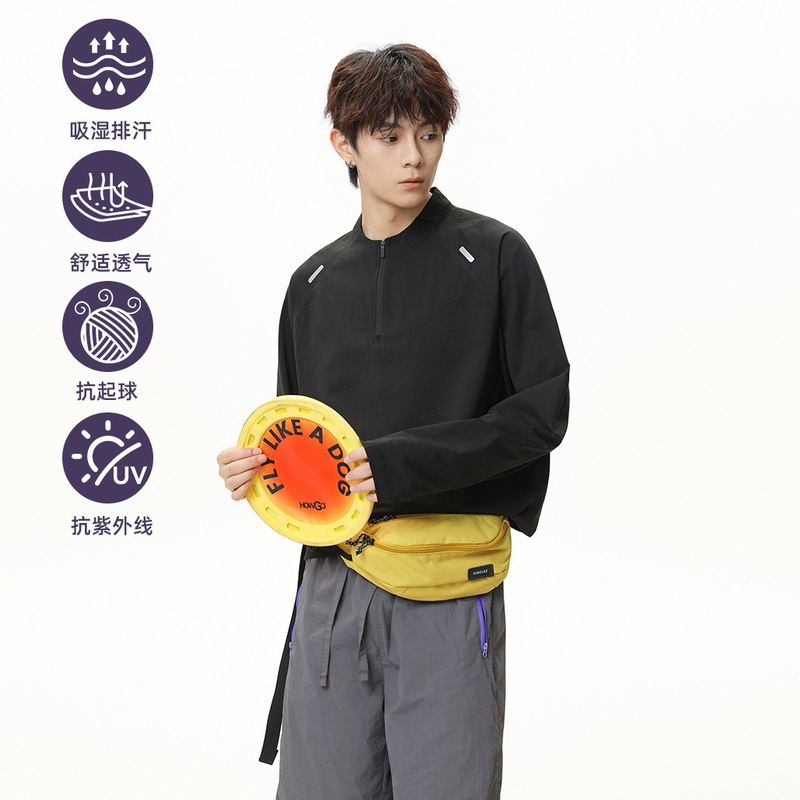 Half-Zip Stand-Up Collar Sports Long-Sleeved T-Shirt for Men in Autum New Reflective Strip Design Sun Protection Breathable Loose T-Shirt