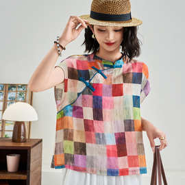 苎麻衬衫女2025夏季新款新中式国风复古印花立领飞飞文艺短款衬衣