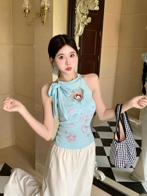 66016#美式印花一字肩背心围脖T恤女夏季甜酷辣妹显瘦修身短款|undefined