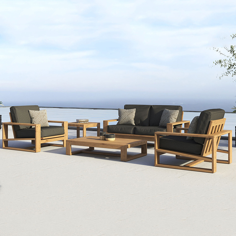 Sofá de exterior, madera maciza, patio, jardín, hotel, villa, ocio al aire libre, teca anticorrosión, muebles impermeables y resistentes al sol para exteriores.