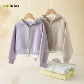 女童上衣春秋季新款韩系慵懒风拼接撞色拉链开衫短款卫衣童装外套