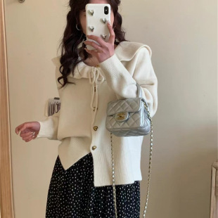 Korean Gentle Style Doll Collar Lace-up Sweater for Women Spring & Fall New Sweet Age-reducing Knitted Cardigan Top for Small People