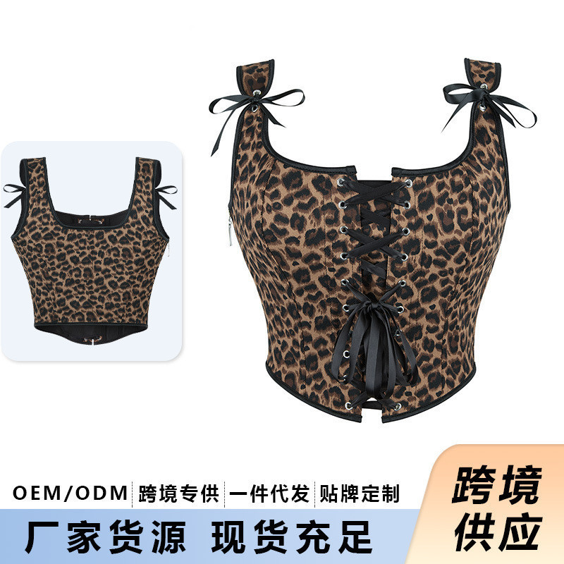 New Leopard Print Corset with Front Lace-Up Women's Tube Top Sexy Waist-Cinching Palace Body Shaping Top Cross-Border Supply