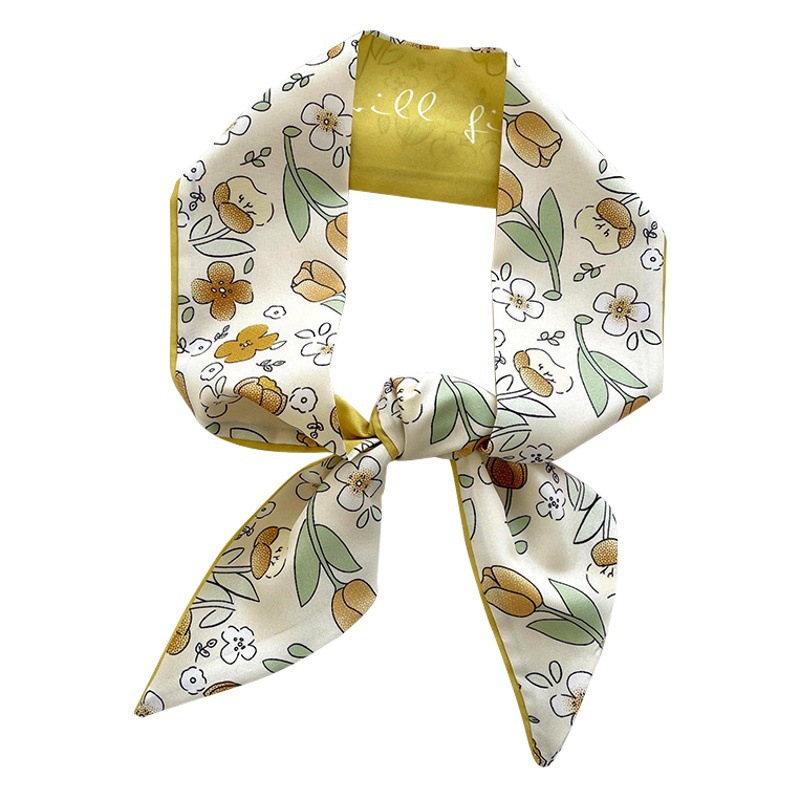 Amarillo Blanco pequeña bufanda de seda para las mujeres de primavera y verano delgada tira estrecha corbata de pelo bolsa decoración de alta sentido bufanda banda de pelo cinta