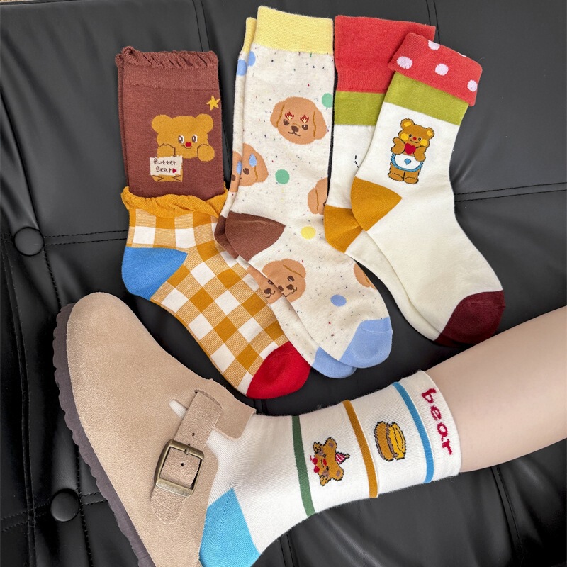Sweet Cartoon Mid-Stocking Children's Japanese Cartoon Butter Bear Cool Cute Pure Cotton All-Match Stocking Academic Style Women