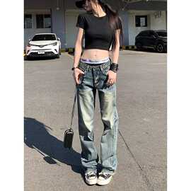 美式复古低腰牛仔裤女春夏高街水洗猫须怀旧窄版宽松直筒裤子