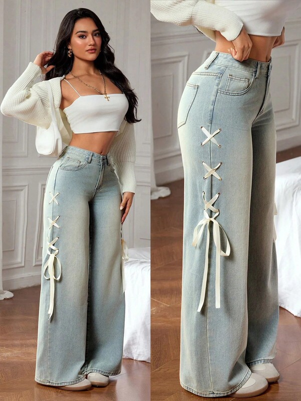 2026 New Style Casual Wide-Leg Jeans, Loose Fit, Standard Size Women's Fashion Denim, with Ribbons on the Side Waist