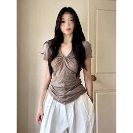 原版面料原版做法 夏季纯欲正肩短袖t恤女新款扭结v领设计感上衣