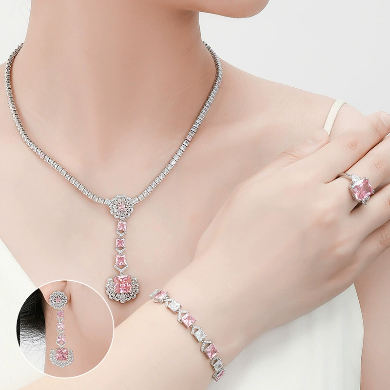 High-end zirconium, pendant, necklace and earrings, set for bride, wedding dress, accessory, light luxury style