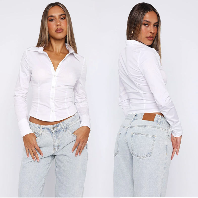 2026 European and American Cross-Border New Women's Tops Pure Color Slim Women's Long-Sleeved Shirts Elegant Work Clothing