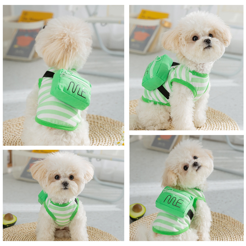Chaleco de mochila tridimensional a rayas verdes sin mangas perro pequeño bichon peluche primavera y verano ropa delgada para perros
