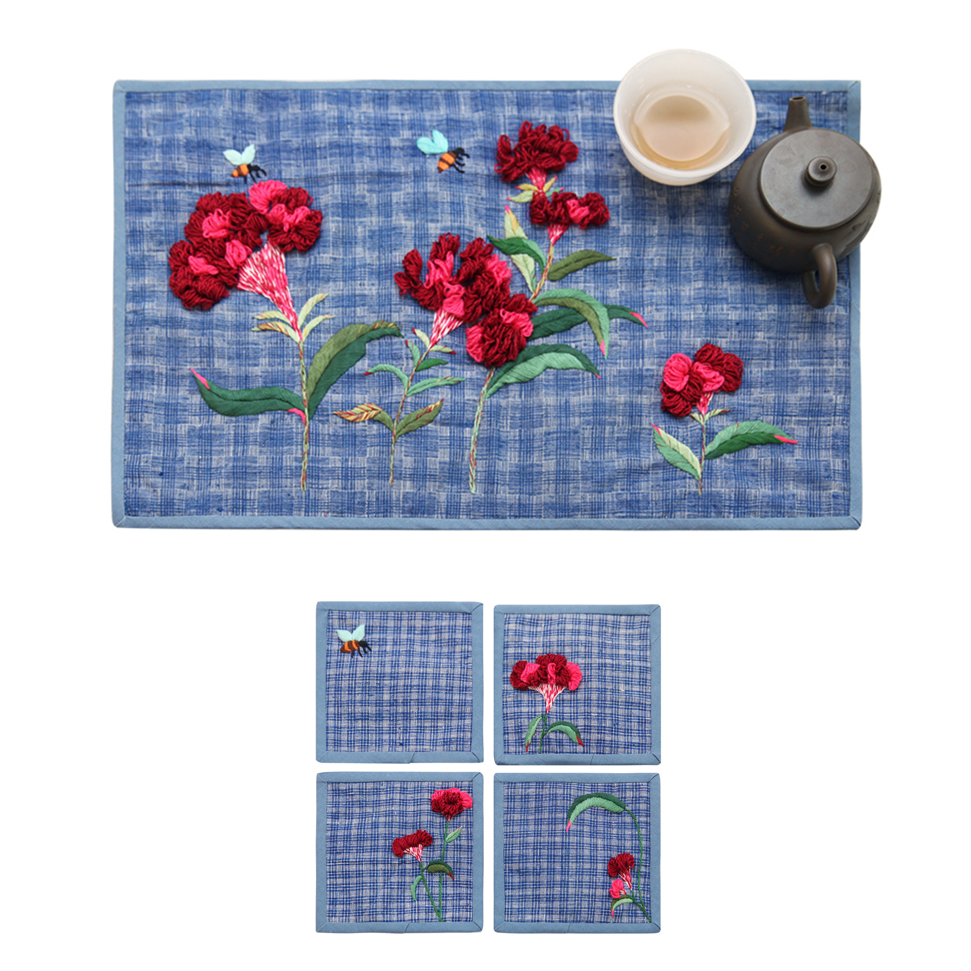 Bordado DIY paquete de material estera de té de cuatro piezas hecho a mano Lu bordado conejo Flor de melocotón bolsa de costura sala de estar estera de té montaña