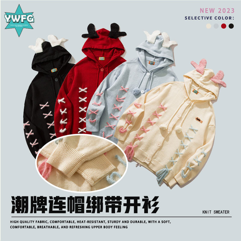 YWFG ropa de mujer americana marca de moda con sombrero corbata cardigan 2024 primavera cardigan de cuello redondo de manga larga suéter de punto