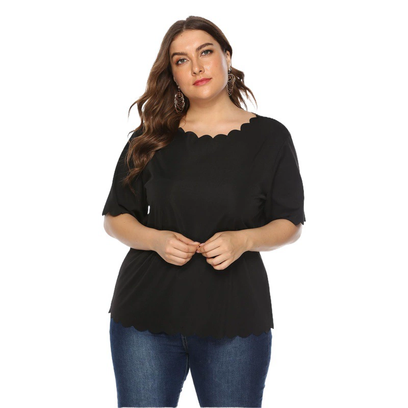 Трансграничная Европейская и американская Женская однотонная простая Универсальная футболка больших размеров с волнистым краем, повседневный топ с короткими рукавами 10015