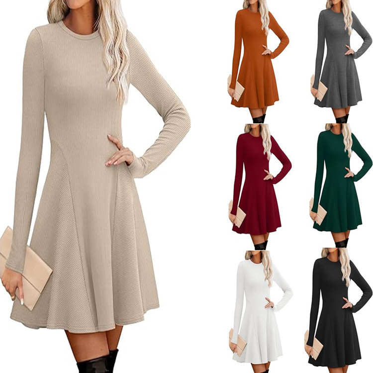 Amazon Wish Independent Station 2025 Autum Retro Sweater Round Neck Rib Knitted Tight Trumpet Dress