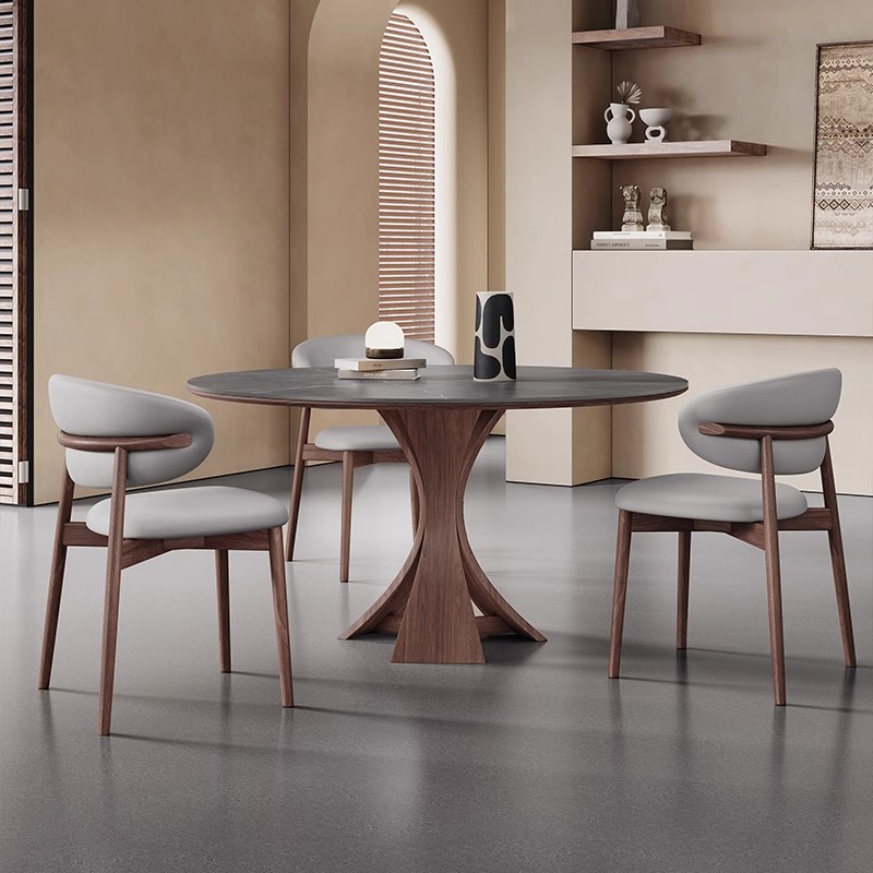 Mesa de comedor de madera maciza redonda de estilo medio 2025 nuevo hogar pequeño apartamento placa de roca negro francés retro moderno simple