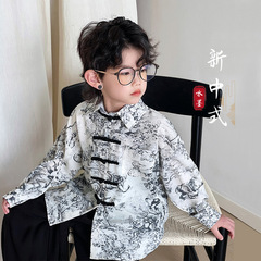 兒童新中式襯衫2024春季新款男女童古風水墨襯衣中小童漢服上衣潮