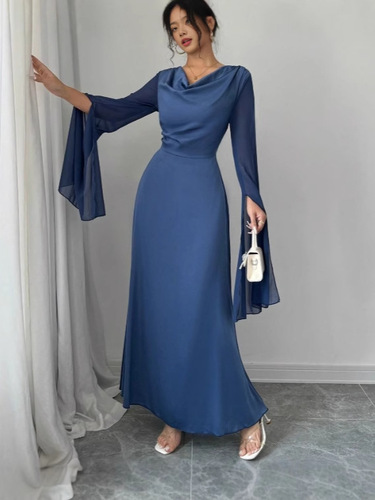 Elegant temperament, split long-sleeved, long dress, new hot style, fashionable, slim dress