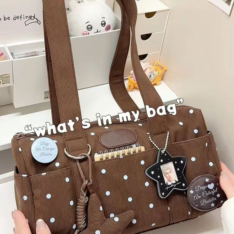 Salt-Style Blue and Brown Color-Blocking Polka Dot Bag, Large Capacity Shoulder Bag, 2025 New Vintage Commuter Boston Bag for Women