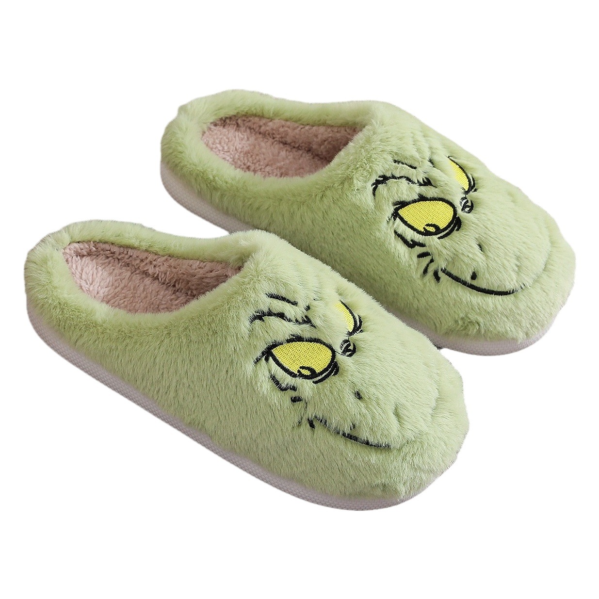 Nuevas Zapatillas de algodón navideñas transfronterizas para hombres y mujeres de piel verde para el hogar extraño Greenwich Invierno Cálido zapatillas de piel interior