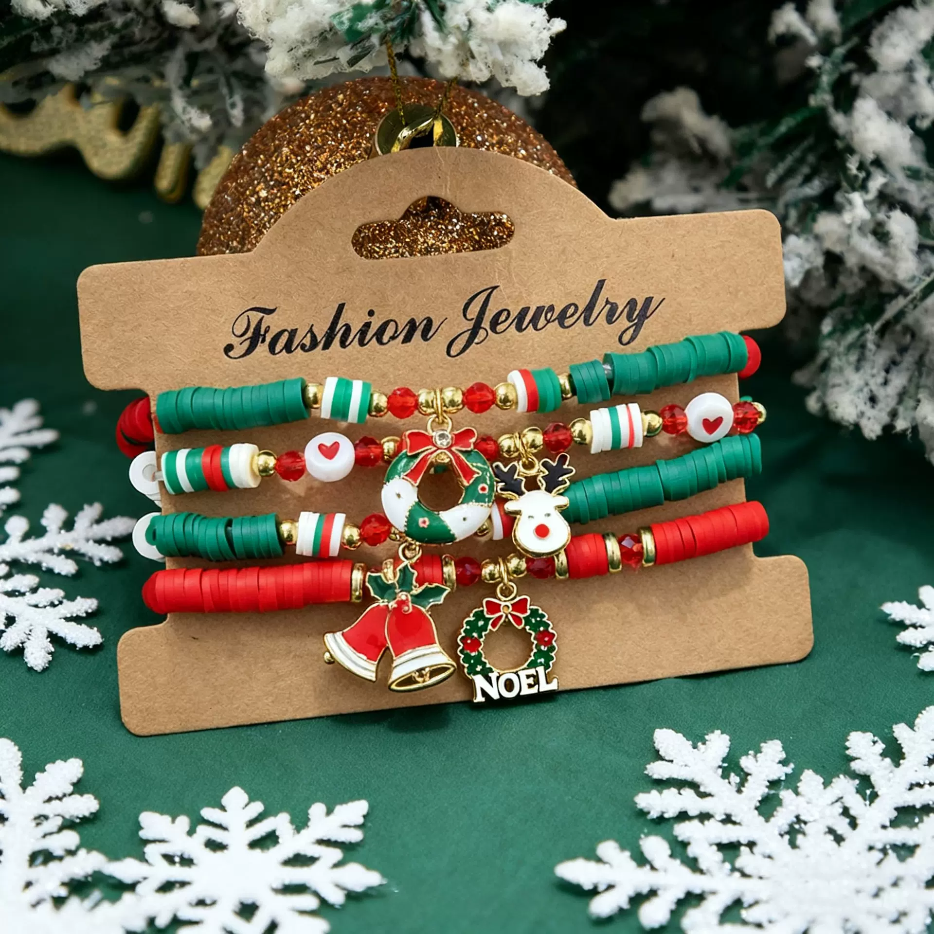 欧美跨境爆款圣诞节麋鹿铃铛吊坠软陶串珠套装手链送礼必备手串
