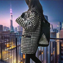 冬季新款明星同款千鸟格无领拼色中长款大衣时尚毛呢外套女上衣