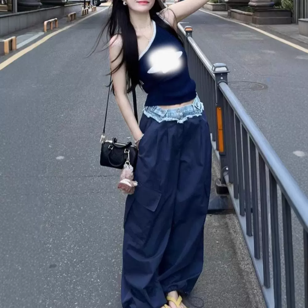 韩系慵懒风设计感斜肩背心上衣夏季今年新款高腰显瘦阔腿裤套装女