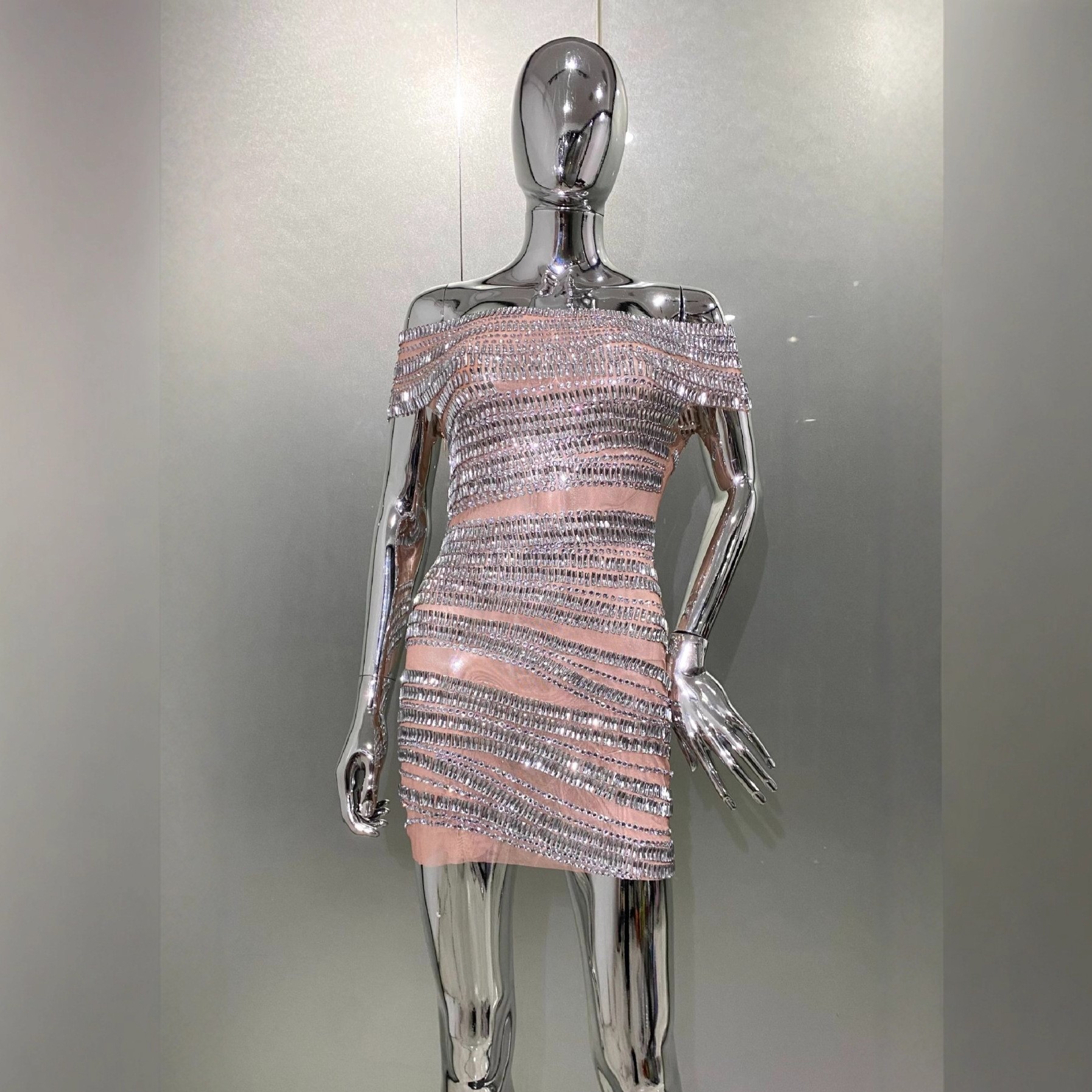 Cross-Border Luxury Rhinestone Sexy See-Through Mesh Off-Shoulder Mini Dress European and American Fashion Hot Party Dress